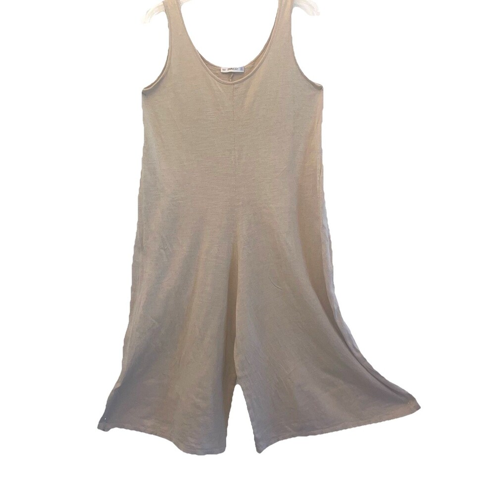 ZARA M 100% Cotton Neutral Caramel Tan Knit Jumpsuit Sleeveless Wide Leg Loose